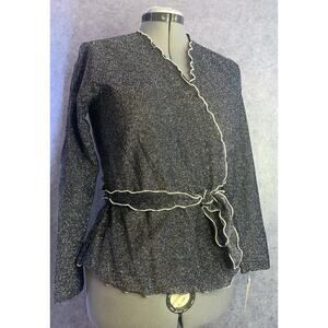 Vintage 60s-70s Deadstock Long Sleeve Wrap Tie Top Cardigan, Black Shimmer, W LG